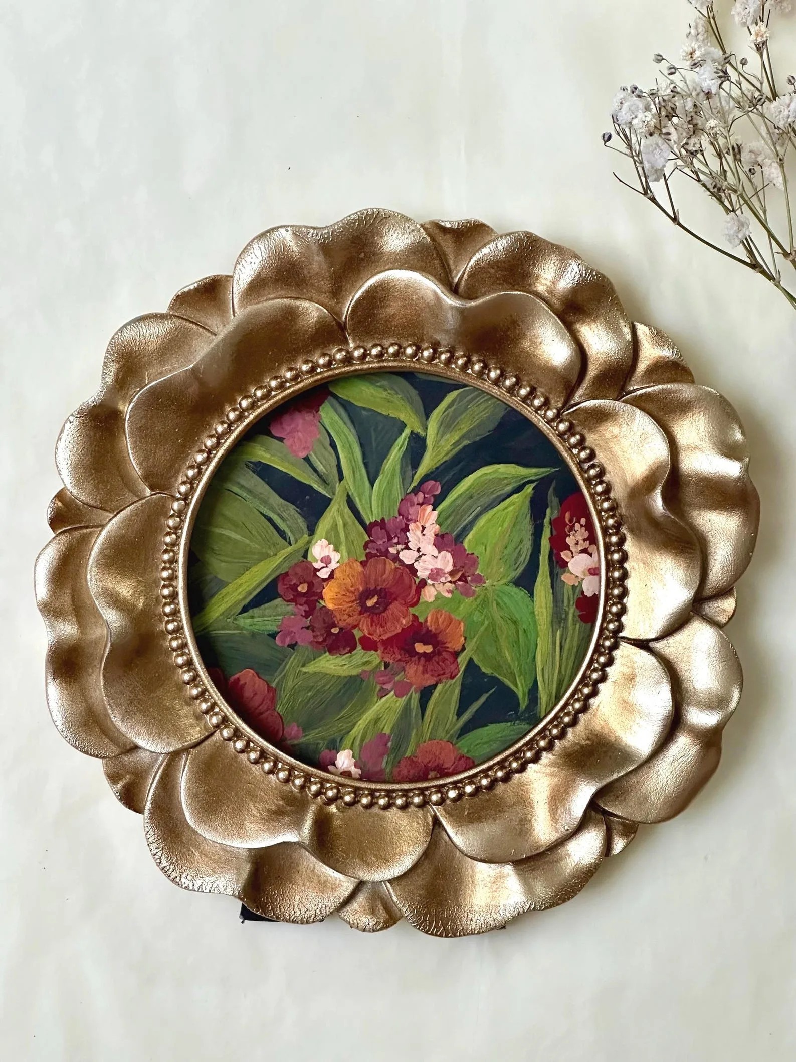 Original Gouache Painting, Pink Orange Blooms on Teal, Round Gold Petal Frame