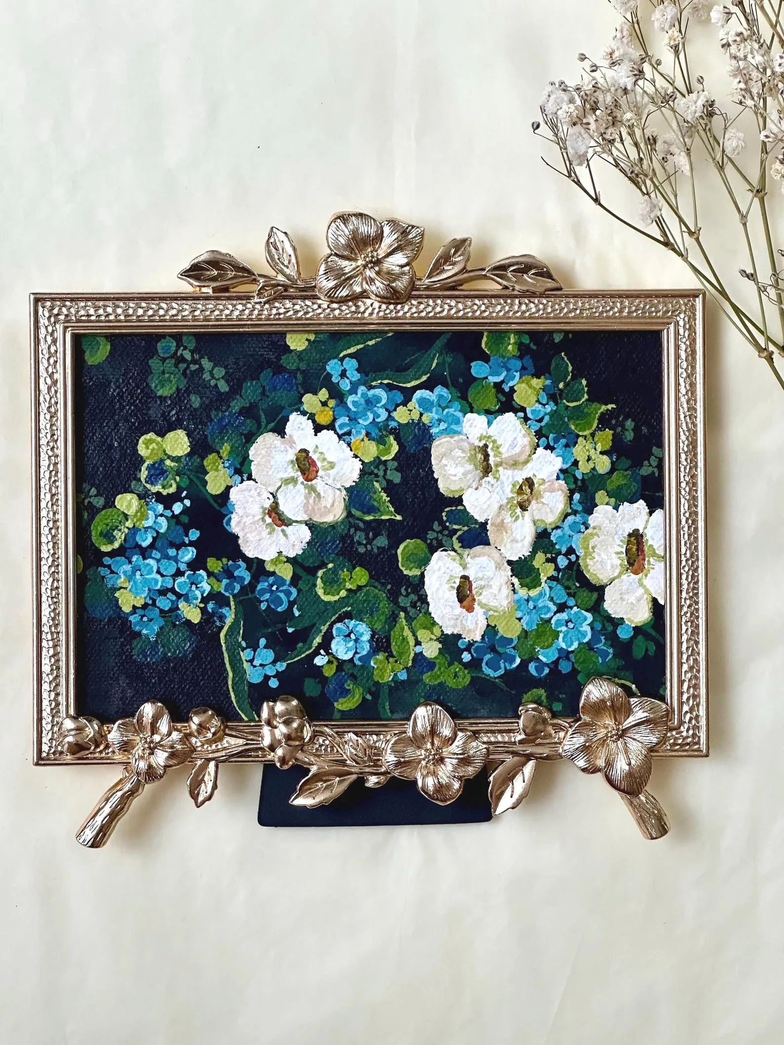 Original Gouache Wildflower Painting, Ornate Vintage Frame, Cottagecore Wall Art