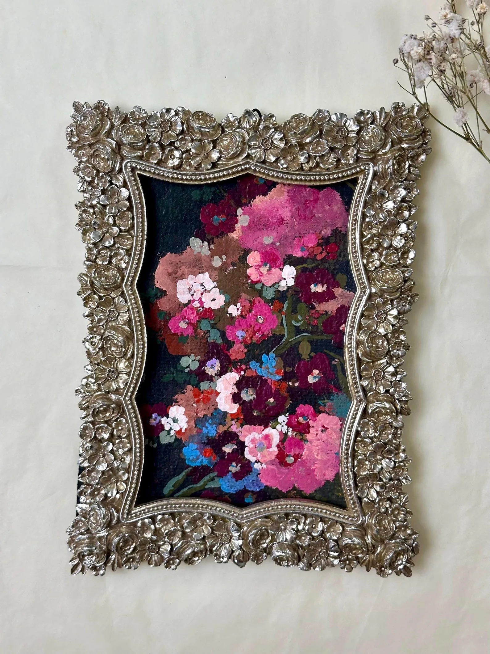 Original Gouache Floral Painting, Pink Blooms on Black, Ornate Silver Frame