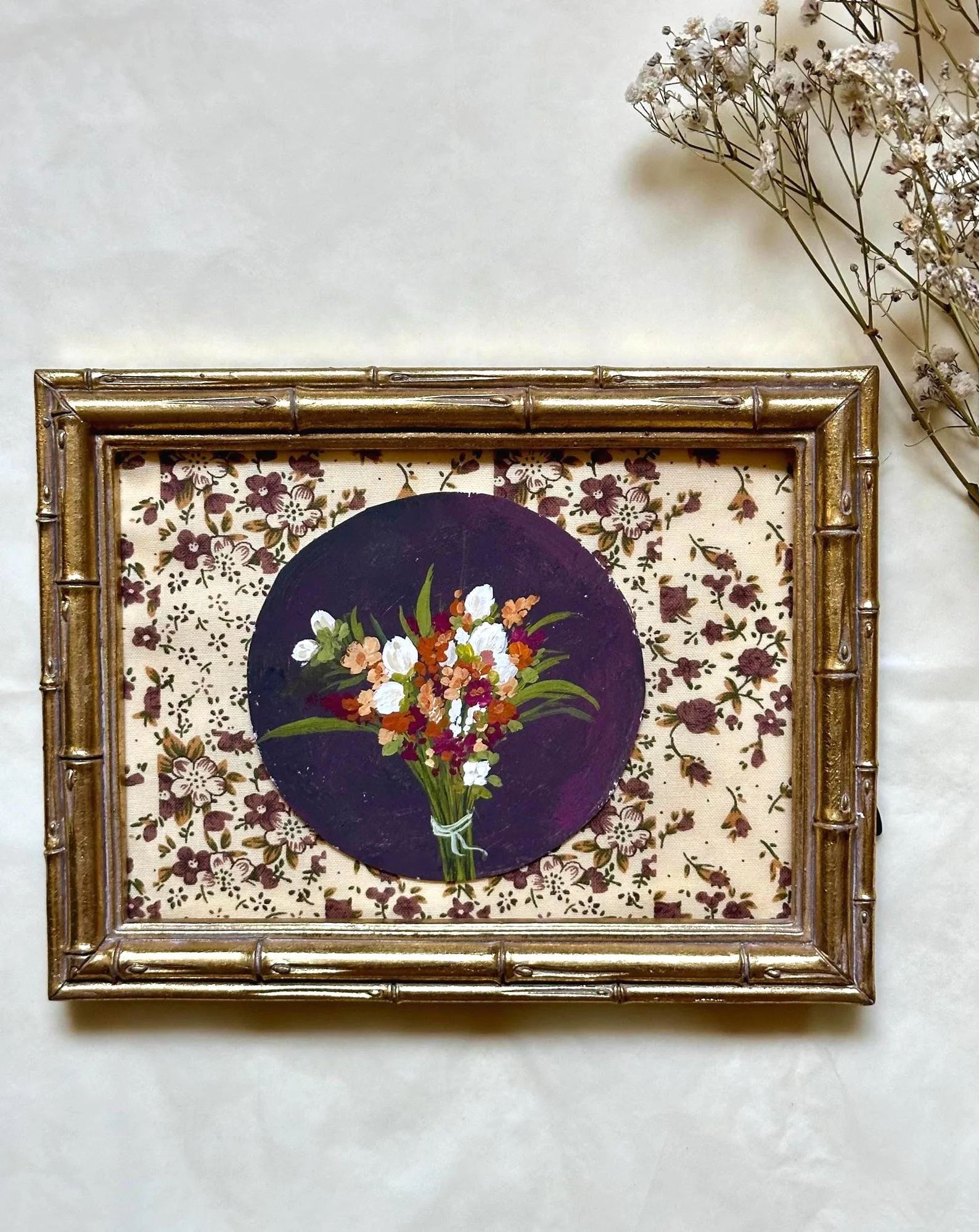 Original Floral Still Life Painting, White Coral Bouquet on Aubergine, Gold Bamboo Frame