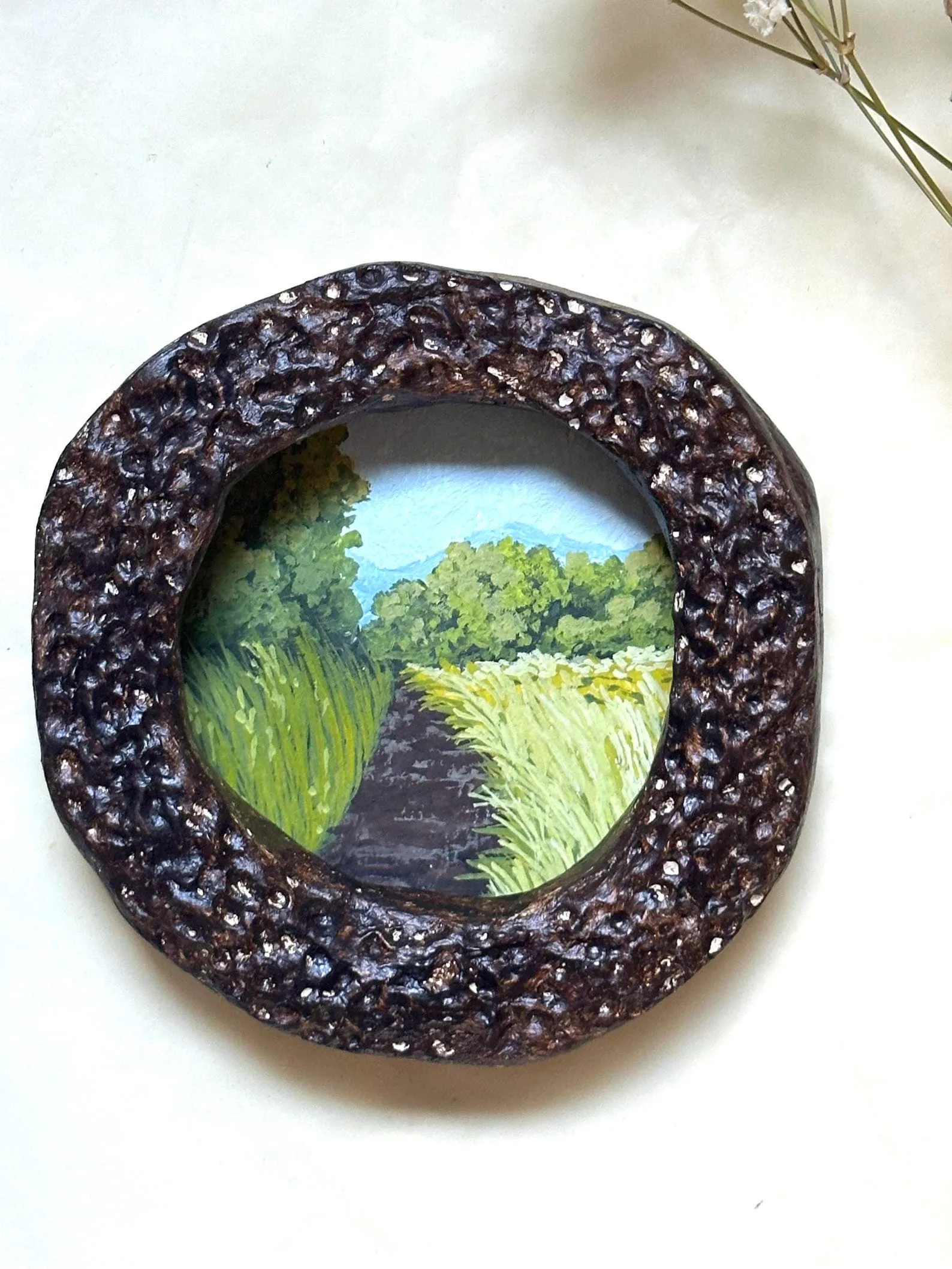 Anime Gouache Forest Painting, Miniature Round Vintage Handmade Ceramic Frame, Woodland Nature Wall Art