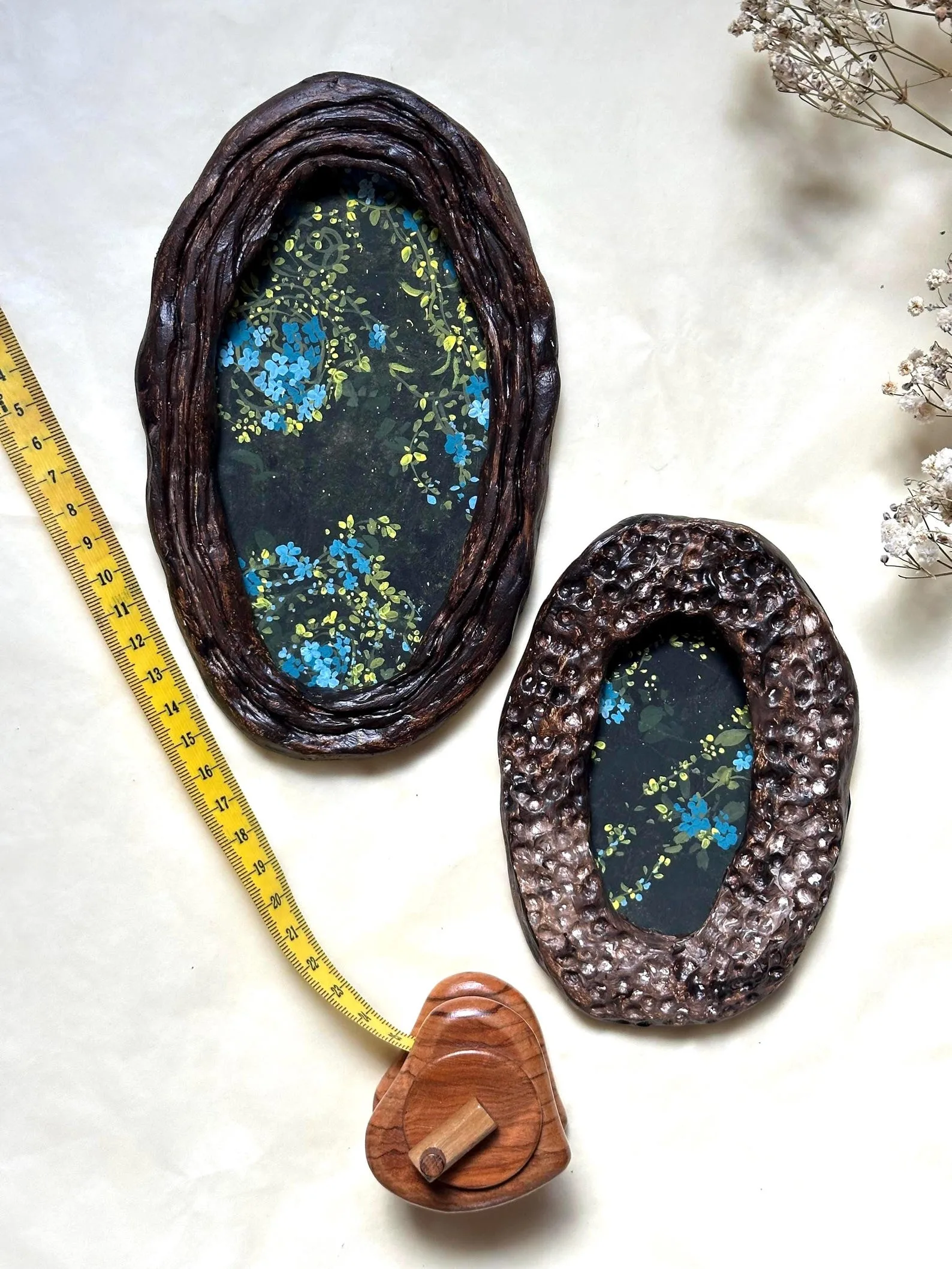 Set of 2 Miniature Wildflower Paintings, Floral arti in handmade ceramic frames
