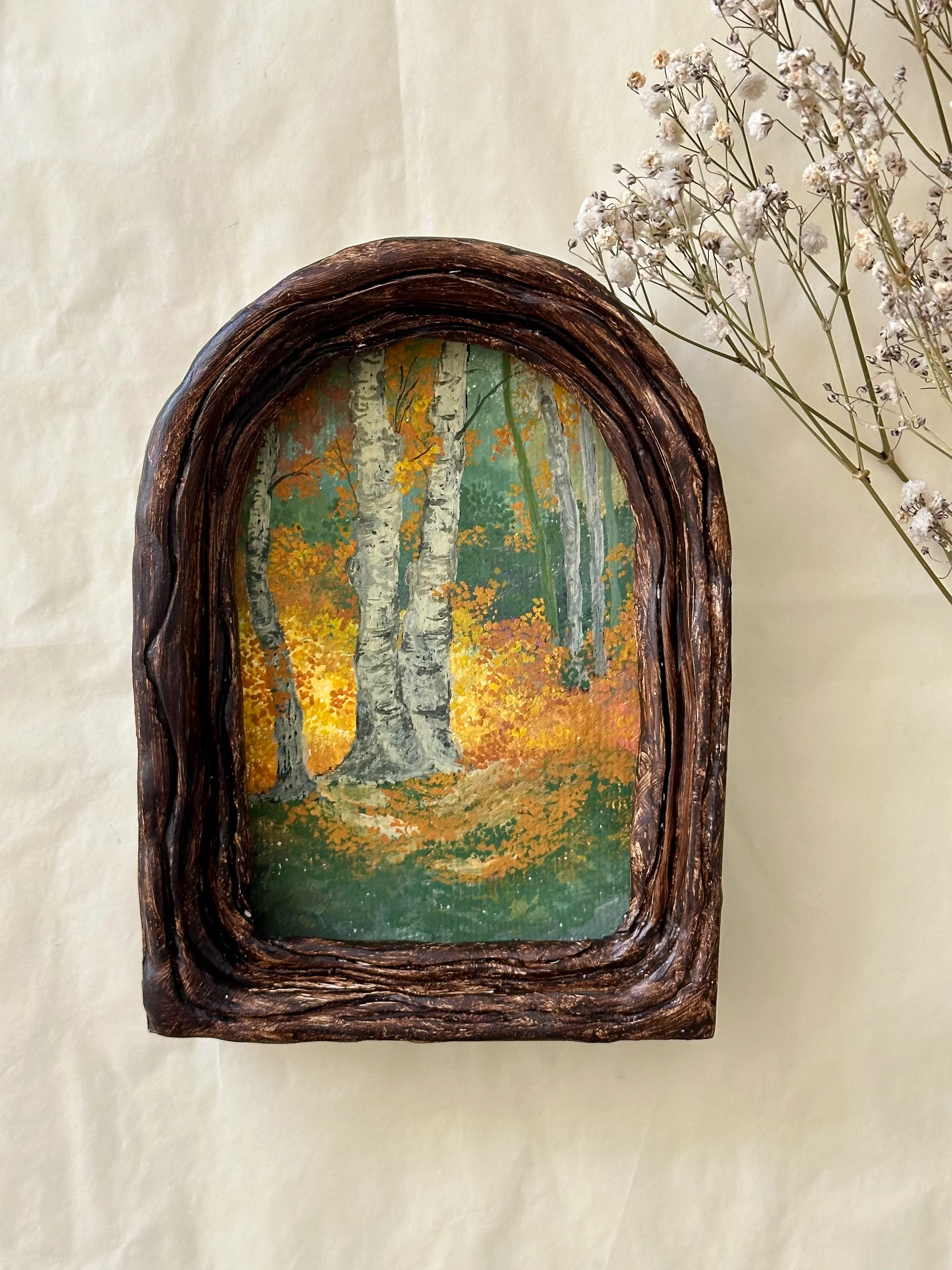 Birch Light. Gouache on paper  ·  Hand-carved frame, artist's own