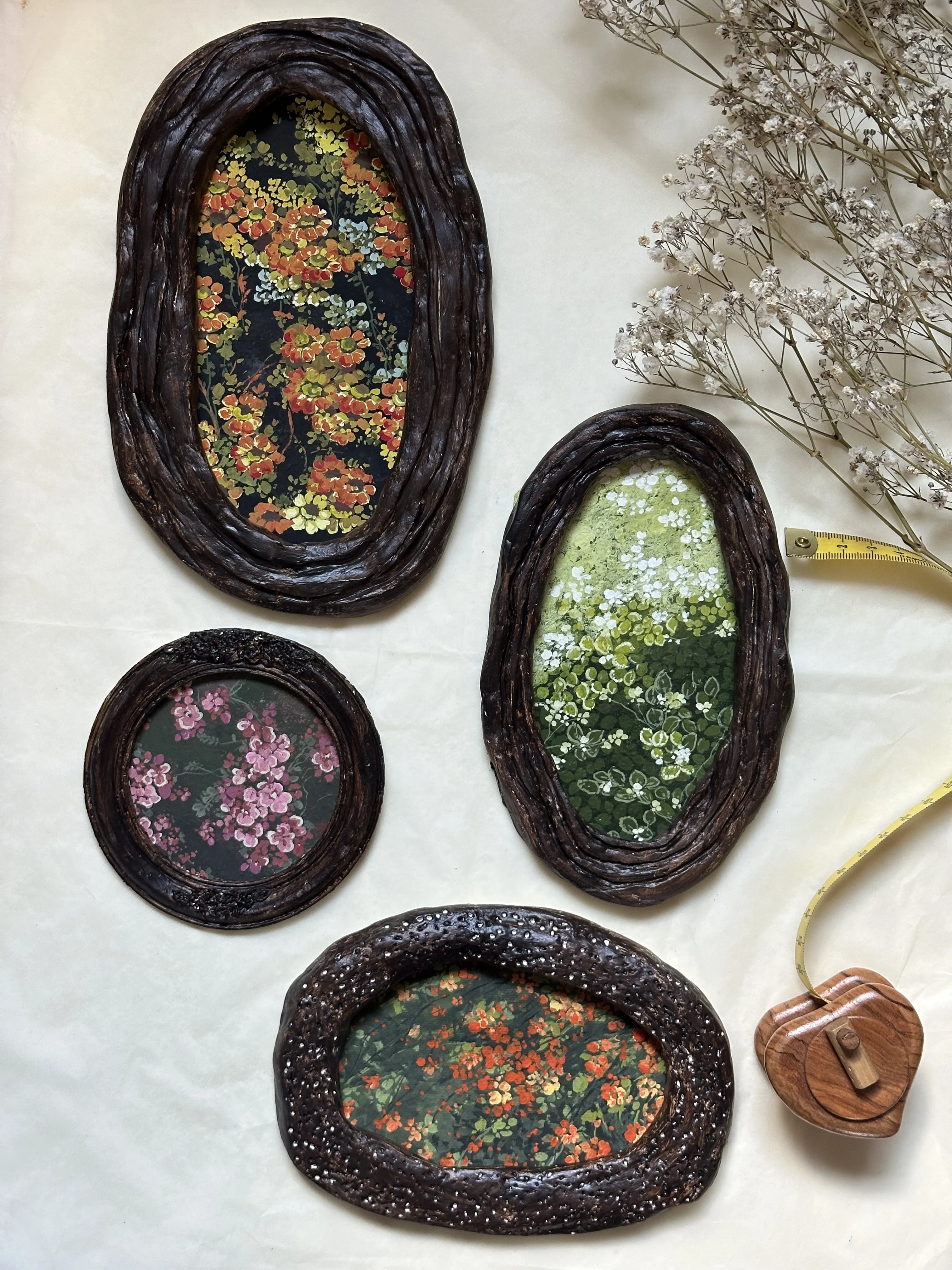 Handmade Ceramic Collection with Floral Artworks. Gouache on paper · Hand-built ceramic frame, artist's own