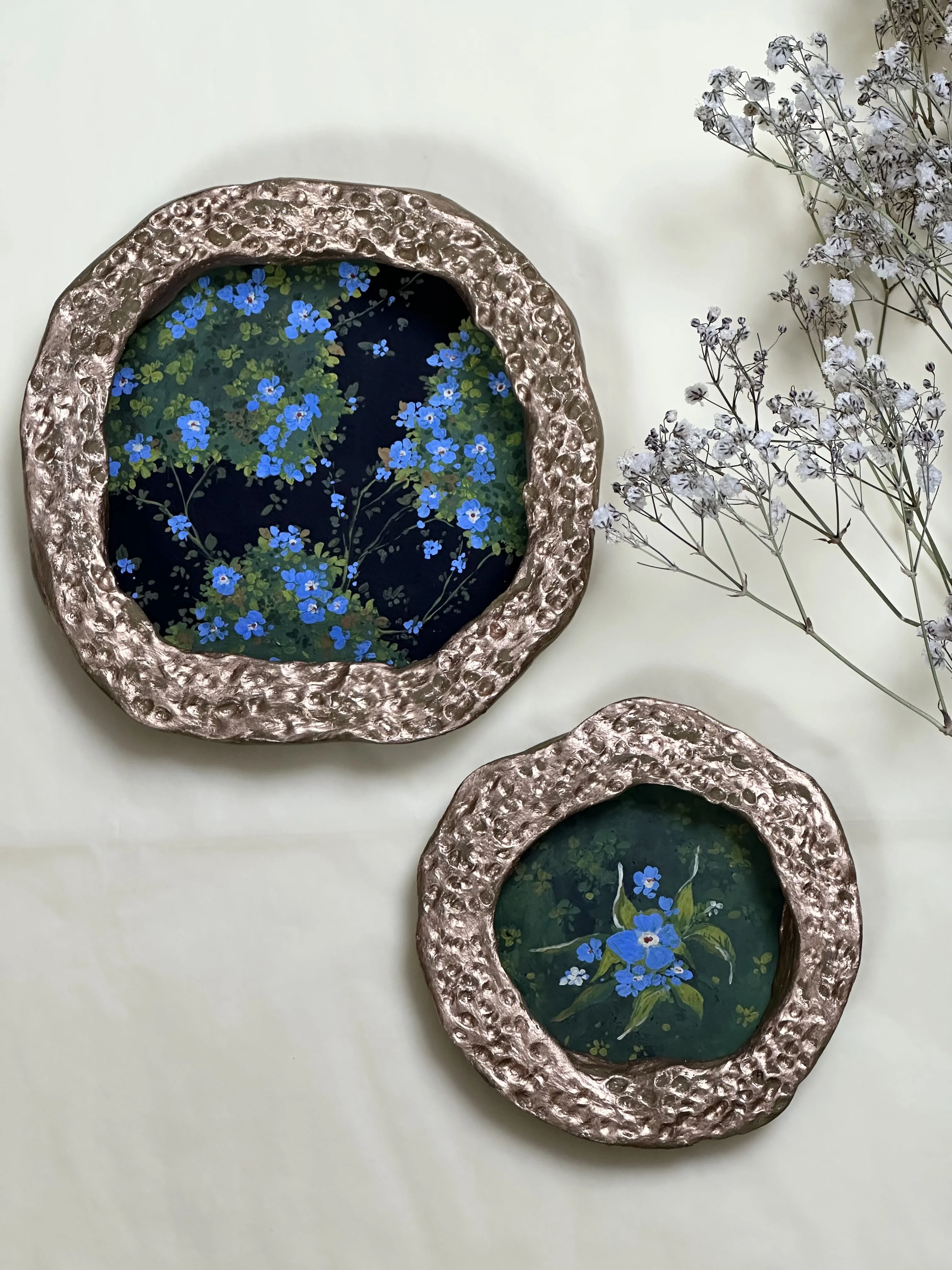 Forget-Me-Nots, a pair. Gouache on paper  ·  Handmade ceramic frames