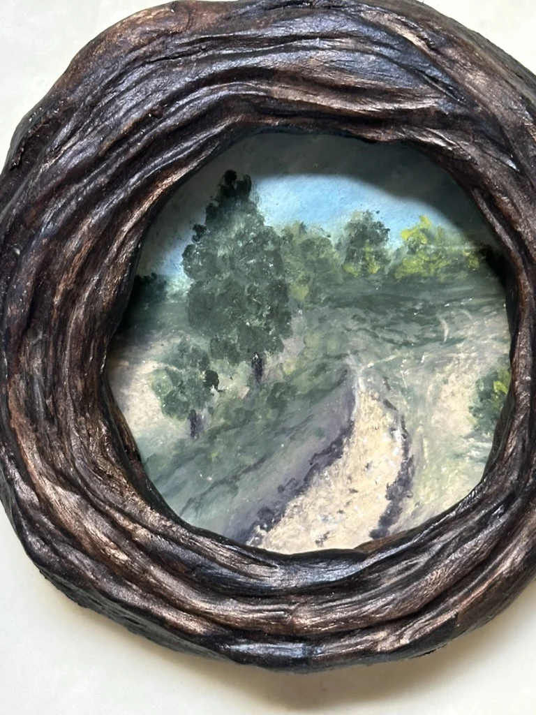 Meadow Path. Gouache on paper  ·  Hand-built ceramic frame, artist's own