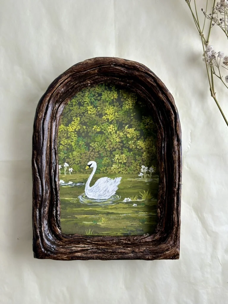 Swan in an Arch. Gouache on paper  ·  Hand-built ceramic frame, artist's own